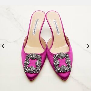 Manolo Blahnik Fuchsia Satin Crystal Buckle Mules